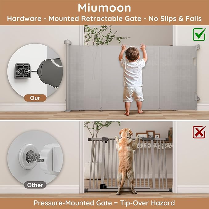 Miumoon One-Hand Operation Retractable Baby Gates, 59 inch Retractable Gate with Reinforced Strip Design to Prevent Crawling Through, 5 FT Retractable Dog Gate for Stairs, Doorways, Hallways
