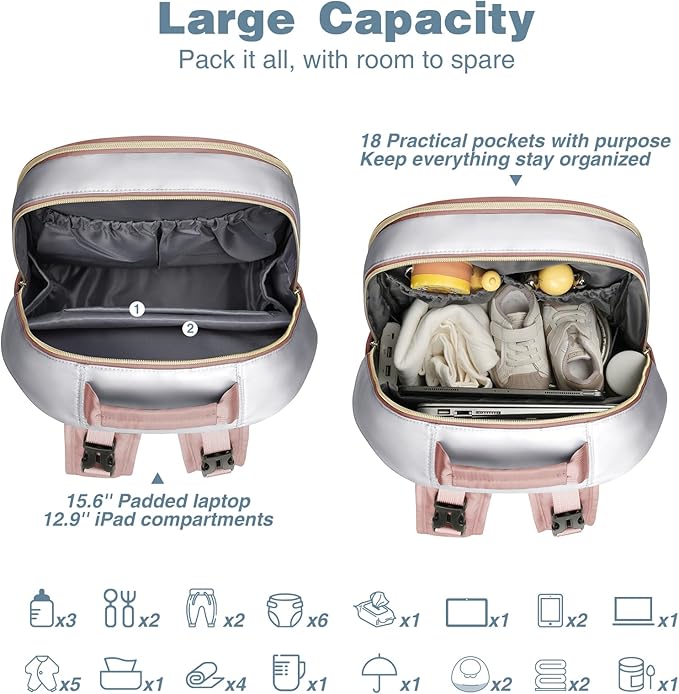 MOMUVO Diaper Bag Backpack, Quilted Baby Bag with Changing Pad & Stroller Straps & Pacifier Case, Large Travel Diaper Bags for Mom Dad, Pink Grey