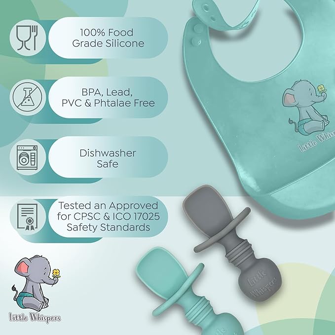 LittleWhispers Baby Silicone Spoons - Self Feeding 6 Months - Infant, Toddler, & Kid Friendly Utensils - First Stage, Baby Led Weaning - 4 Pack Utensil Set (Soft Blues)