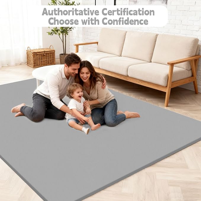 Baby Play Mat for Floor, 50"×50" Playpen Mat, 1.3" Thick Elasti-Foam, Non-Slip Crawling Mat for Tummy Time, Waterproof & Wipe-Clean Playmat for Toddler,Infant, Kids (Grey）