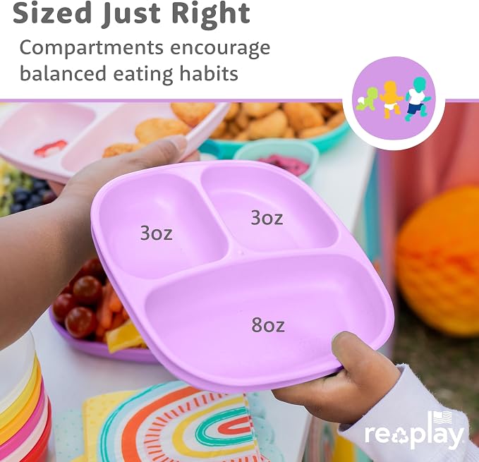 Re-Play Toddler Dinnerware Set - 3 Divided Plates with 3 Fork and Spoon Sets - BPA-Free Kids Tableware - Dishwasher Safe - Made in USA from Recycled Materials, Princess