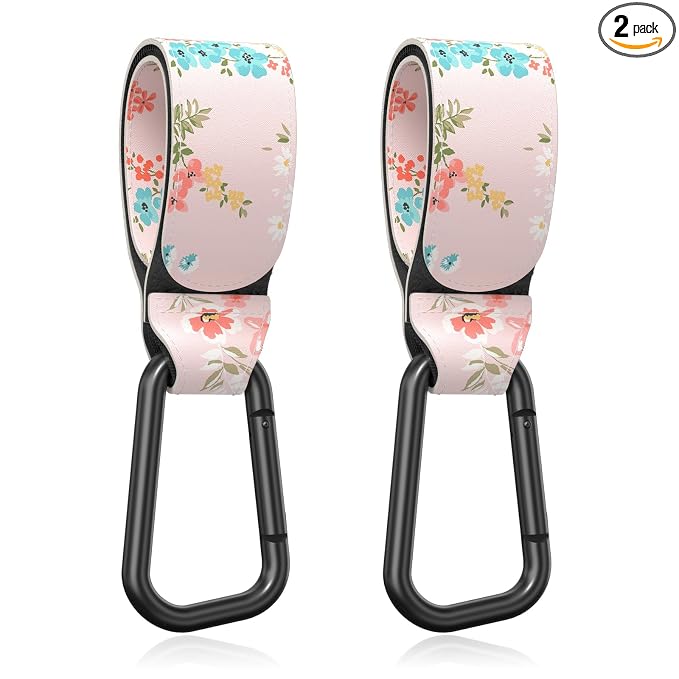 Baby Stroller Hooks for Hanging Bags, Universal Stroller Clips Accessories, Mommy Hook for Diaper Bag, Shopping Cart, Purse, Backpack - 2 Pack, Pink Flower