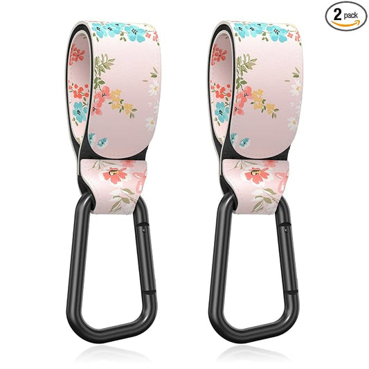 Baby Stroller Hooks for Hanging Bags, Universal Stroller Clips Accessories, Mommy Hook for Diaper Bag, Shopping Cart, Purse, Backpack - 2 Pack, Pink Flower