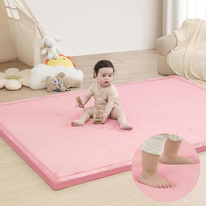 Baby Play Mat for Floor,1.3" Thick Memory Foam Tummy Time Mat for Toddlers,Infants,Kids,Soft Coral Velvet,Extra Large Non Slip for Crawling,Yoga,Tatami Style for Living Room(Pink)