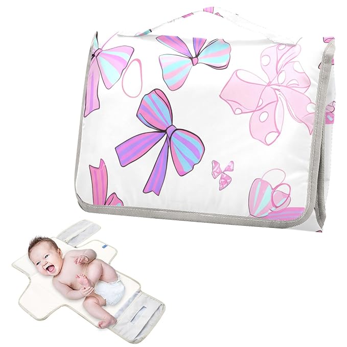Pretty Pink Bows Portable Diaper Changing Pad for Baby, Waterproof & Foldable Changing Mat, Soft & Comfortable with Wipes Pocket, Baby Essentials