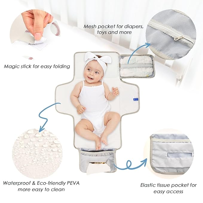White Baseball Portable Diaper Changing Pad with Wipes Holder, Vintage Sport Foldable Baby Diaper Changer Travel Bag Cartoon Balls Baby Changing Mat with Built-in Pillow for Newborn