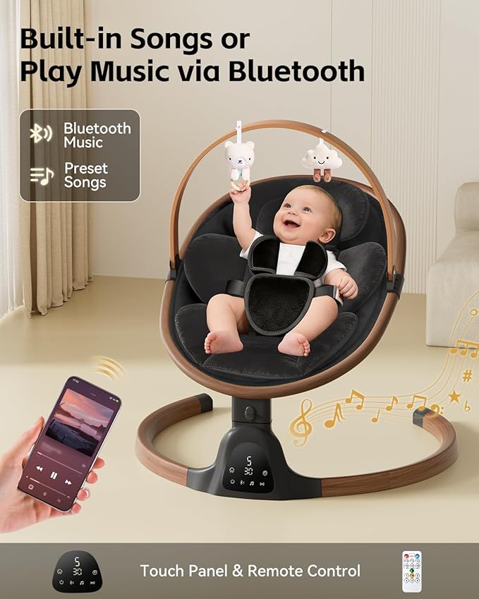Baby Swings for Infants, Electric Infant Swing with 5 Speed Modes, 5-Point Harness, 3 Timer Settings, Built-in Lullabies & Bluetooth, Portable Modern Swing for Indoor & Outdoor (Black)