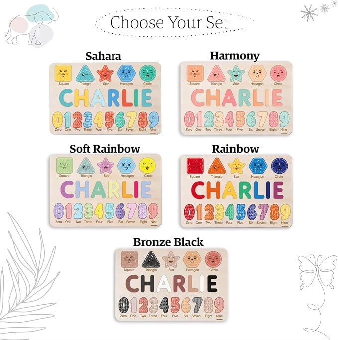 Personalized Wooden Name Puzzle with Numbers & Shapes for Toddlers 1-3 | 11 Color Themes | Montessori Learning Toy, Nursery Keepsake & Perfect 1st Birthday Gift