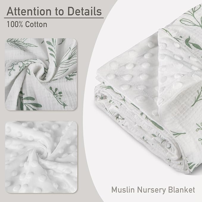GLLQUEN BABY Blankets for Boys Girls, Soft Muslin Cotton Front Dotted Fleece Backing, Nursery Minky Crib Blanket for Infant Toddler, 30 x 40 inches Throw Blanket, Green & Leaves