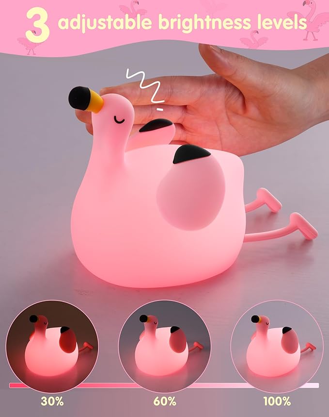 YISUN Flamingo Night Light for Kids, Soft Silicone Nursery Night Lamp Rechargeable LED Bedside Lamp with Timer, 3 Level Dimmable Cute Night Lights for Bedroom, Living Room, Dining, Gift