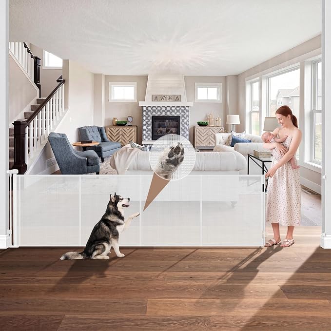 GRENFU Reinforced 120 Inch Extra Wide Retractable Baby Gate 33 Inch Tall, Retractable Dog Gate with Support Rods to Prevent Crawling Through, 10 FT Wide Retractable Gate for Indoor/Outdoor, White