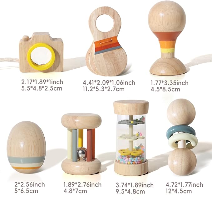 Wooden Baby Rattle Set, 7-in-1 Montessori Toys for Infants 0-6 Months, Moonkie Natural Wooden Baby Toys with Sensory Musical Instruments & Storage Bag