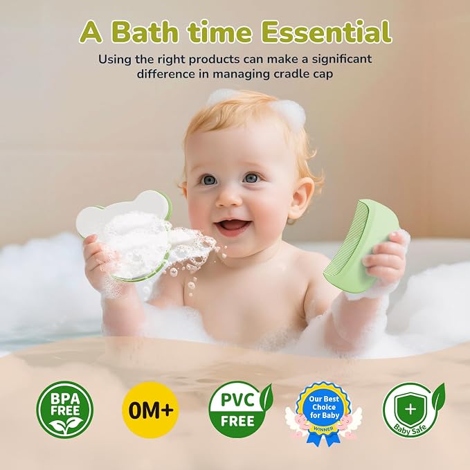 Cloud Baby Cradle Cap Brush & Baby Comb Set, 3-in-1 Cradle Cap Treatment with Soft Brush, Hair Comb & Bath Sponge, BPA-Free, Easy to Use | Infant Bath Essentials - Extra Sponge, Serene Green