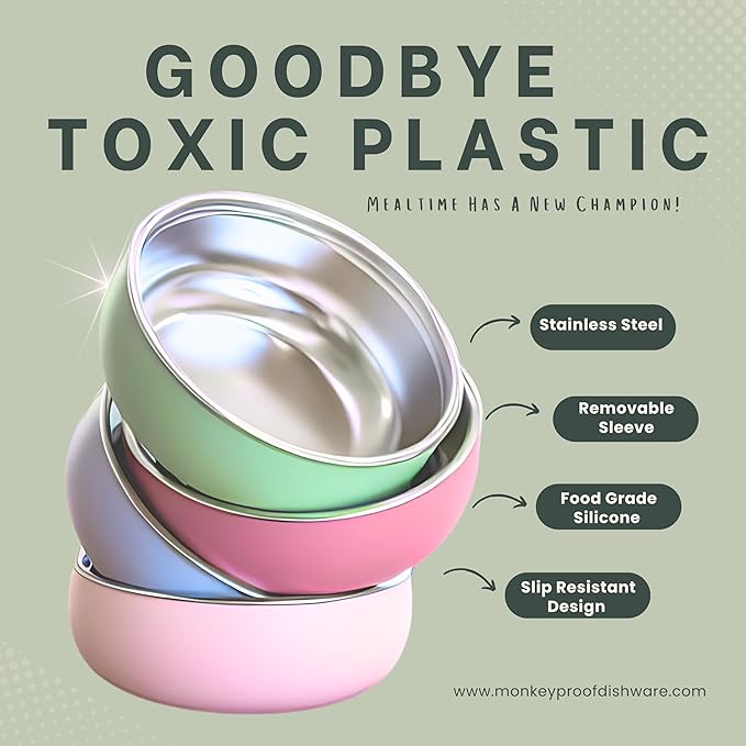 Monkey Proof??Non-Toxic Stainless Steel Child Bowl 5??with Non-Slip Silicone Shell, (Set of 4 bowls) Unbreakable, Mess Free Feeding for Babies, Toddlers, Kids, BPA free (Garden Party)