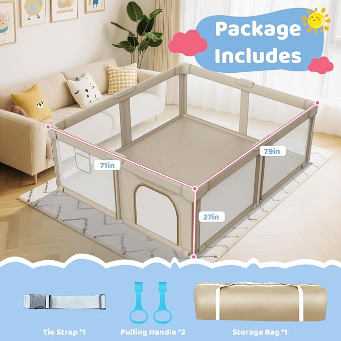 Foldable Baby Playpen: 79??x 71??Super Large Playpen for Babies and Toddlers - Portable Play Pen for Babies with Breathable Mesh & 2 Pulling Handle - Baby Play Yard for Outdoor & Indoor