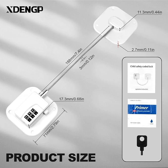 Refrigerator Lock 2 Packs, Fridge Lock Easy to Use and Install on Cabinets and Drawers, Fridge Locks for Kids Safety and Security, No Key Required and Surface-Friendly （White）