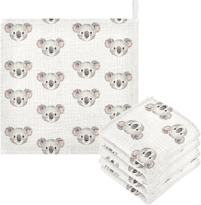 vvfelixl Cartoon Koala Bear Face Baby Burp Cloths Baby Muslin Washcloths for Boys Girls Cotton Babys Face Towel for Newborn Infants Soft and Absorbent 11.8 X 11.8 in, 5 Pack