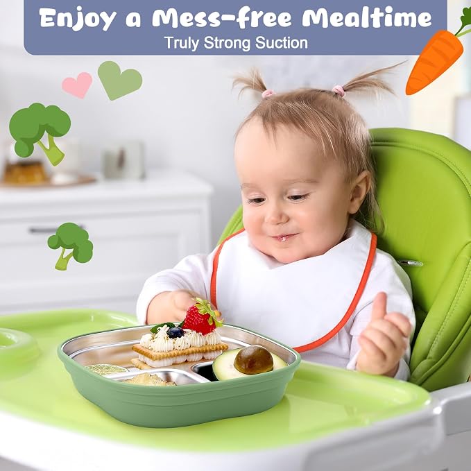 Geiserailie Square Stainless Steel Toddler Plates with Suction – 7.68” Divided Plates with Removable BPA-Free Silicone Sleeves, Unbreakable Baby Feeding Dishes Set of 4(Blue,Green,Beige,Gray)