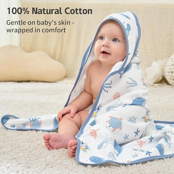 Hooded Baby Towels for Newborn,100% Cotton Baby Bath Towels with Hood for Infant Toddler Boy Girl, 2 Pack 32x32 Inch Soft & Absorbent Knit Terry Bath Essentials Blue Whale