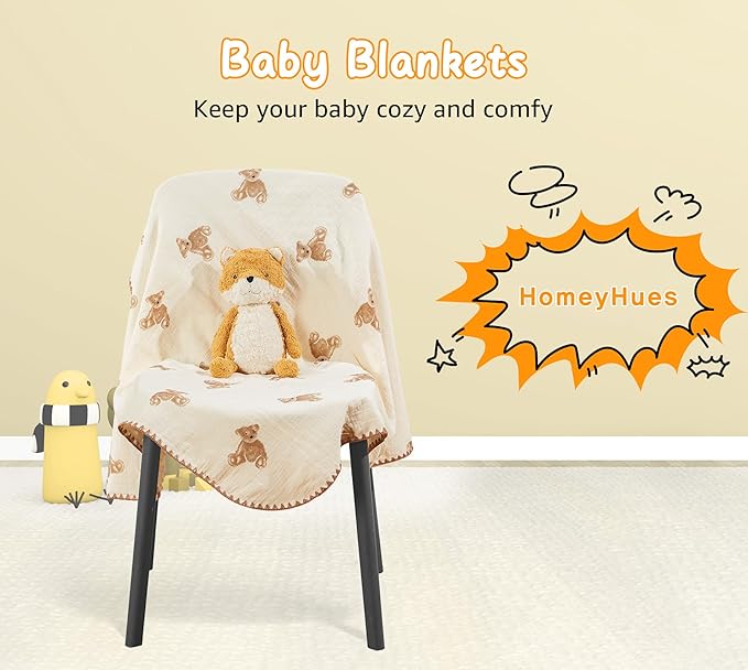 Baby Blanket 40x40 Inches,Muslin Cotton and Minky Dotted Double Layer Soft Receiving Blanket for Newborn Toddler,Brown Bear