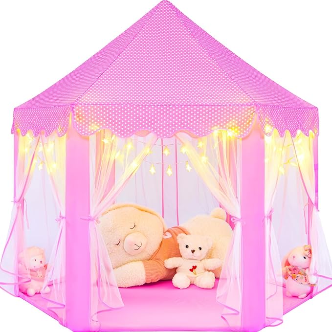 Pink Princess Tent for Girls With LED Small Star Lights, Castle Playhouse for Children Toddlers Indoor Outdoor Games, 5553 Inches