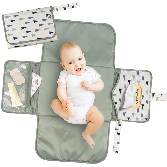 Tiny Twinkle Portable Diaper Changing Pad | Waterproof, Wipeable & Compact Baby Changing Pad for Travel | Smart Wipes Pocket & Organized Storage| Newborn Shower Gift (Varsity Flags)