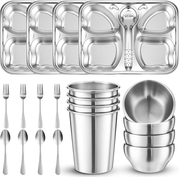 Jinei 20 Pieces Kids Stainless Steel Utensils Set Include 4 Butterfly Shaped Plates, 4 Bowls, 4 Cups, 4 Spoons, and 4 Forks, Stainless Steel Dinnerware Set for Toddler Utensils Silverware