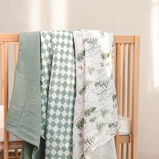 lulumoon Muslin Swaddle Blankets for Baby: Lightweight & Breathable Receiving Blankets for Hospital - Neutral Registry Gift for Newborn 3pack (Sage Foreststump)