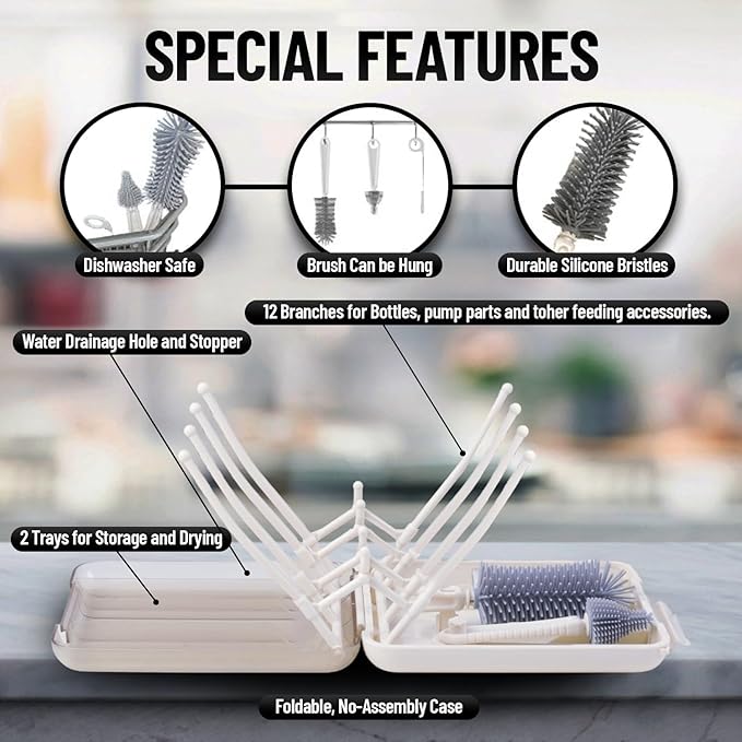 6 in 1 Baby Bottle Brush Cleaner with Silicone Brushes - Premium food-grade silicone, Dishwasher Safe & Heat Safe - Travel Friendly Portable Baby Bottle cleaner Kit - White