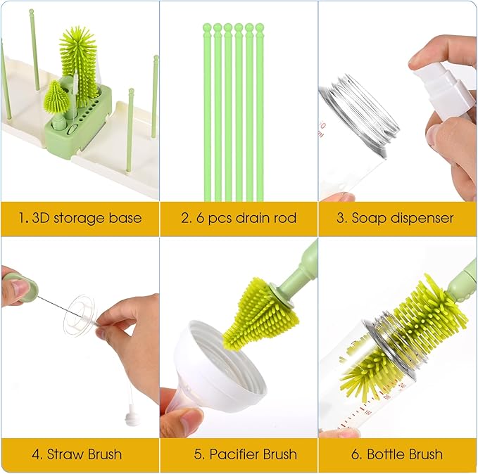 Travel Baby Bottle Cleaner Kitï¼?-in-1 Baby Bottle Brush Set for Travel and Home, All-in-One Baby Bottle Washing Kit: Integrated Cleaning & Drying System for Bottles and Breast Pump Parts (Green)