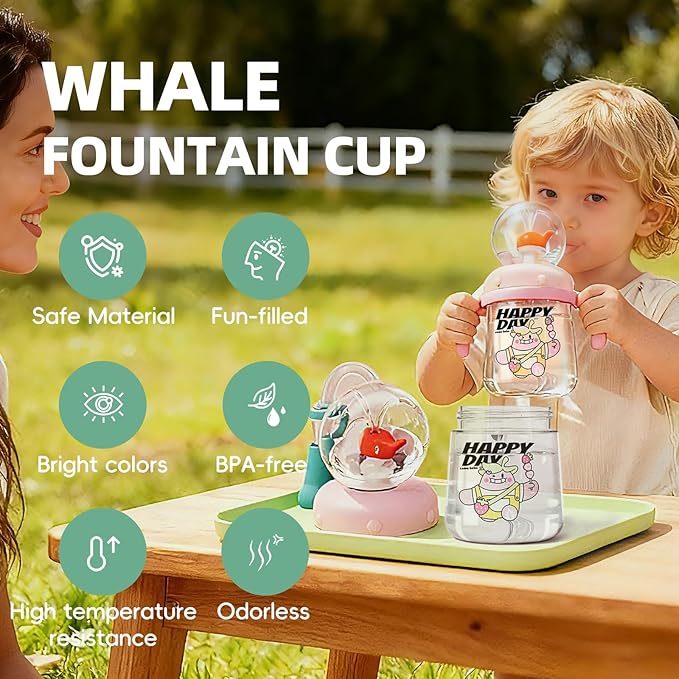 Comobebe Whale Fountain Cup for Kids Toddlers: 10oz/300ml Spill Proof Toddler Sippy,Straw Cup with Handle & Strap, BPA-Free forsippy cups for toddlers 1-3,Kids Water Bottle (Yellow)