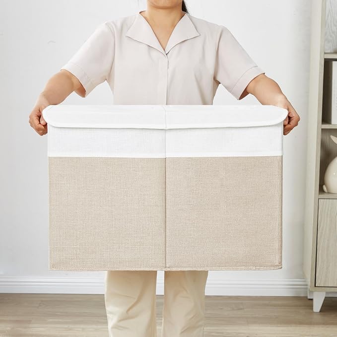Bagnizer Large Toy Storage Box with Lids, Collapsible Sturdy Baby Storage Organizer Chest Bin Basket for Kids, Boys, Girls, Playroom, Nursery, Bedroom, Closet 25"x13"x16" (Beige and White)