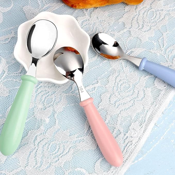 Pimoys 6 Pieces Toddler Spoons Baby Spoons for Self-Feeding, Stainless Steel Kids Spoons with Round Handle Metal Toddler Utensils Children's Silverware Set BPA Free, Dishwasher Safe