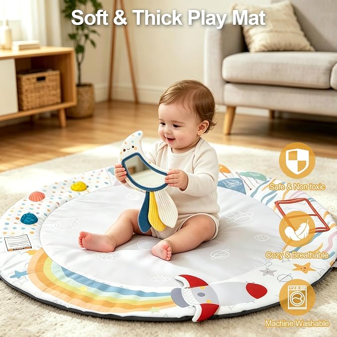 Baby Play Gym Activity Mat with Multiple Developmental Zones, Stage-Based Play for Infant Motor Skills, Detachable Sensory Toys, Easy to Install & Clean, Baby Essentials Shower Gift