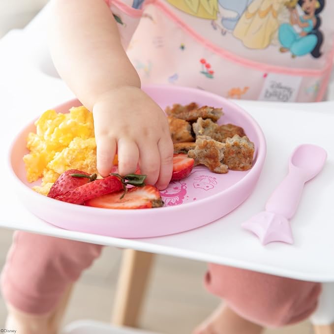 Bumkins Disney Baby and Toddler Plate and Spoon Set, Silicone Dish for Babies and Kids, Baby Led Weaning, Children Feeding Supplies, Microwave Safe, Platinum Silicone, Ages 6 Months Up, Princess