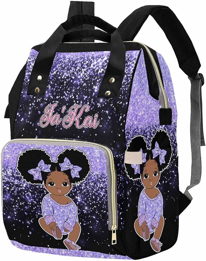 M YESCUSTOM Custom Purple Glitter Diaper Bag for Women, Personalized Name Multifunction Nylon Nursing Mommy Daypack with Large Capacity for Travel, Birthday Mother's Day Gift