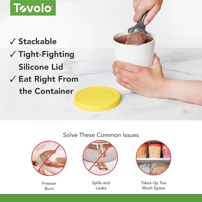 Tovolo Sweet Treat, Reusable Ice Cream Container for Homemade Ice Cream, Lemon - 1 Quart Stackable Storage Tubs with Silicone Lids for Freezer - BPA-Free & Dishwasher-Safe