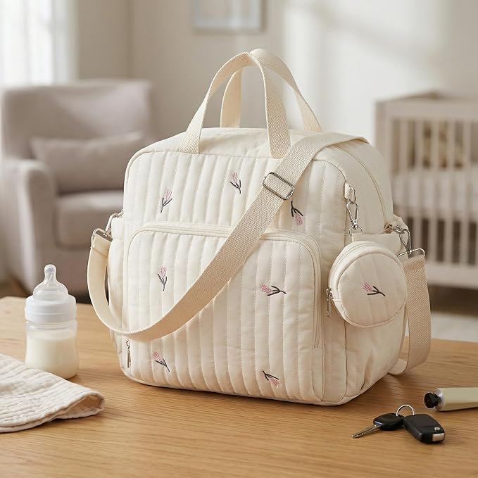 Lushandy Quilted Diaper Bag Backpack, Cute Bear Puffer Diaper Backpack with Changing Pad Mom Travel Hospital Bag