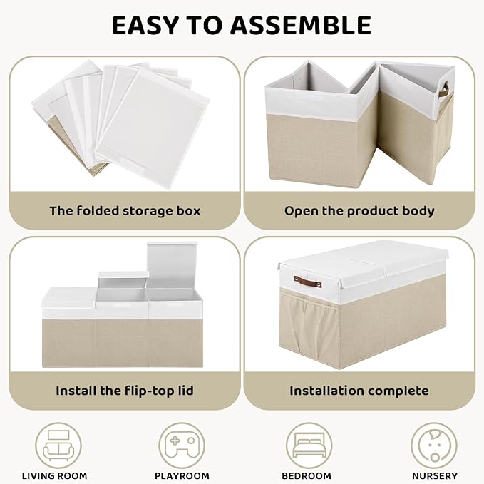 Extra Large Foldable Toy Chest with Lid,Collapsible Kids Toy Storage Box Organizer,Large Fabric Storage Bin for Nursery Playroom Bedroom Living Room,40?�x18?�x14??White & Beige