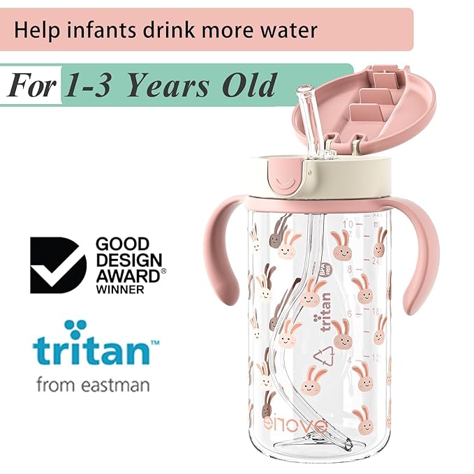 Evorie Tritan Spill Proof Toddler Straw Sippy Cup, 10 oz for Baby and Toddlers 1-3 Years Old, No Spill Straw Water Bottle with Removable Handles, Ideal for School, BPA-Free, Pink Rabbit