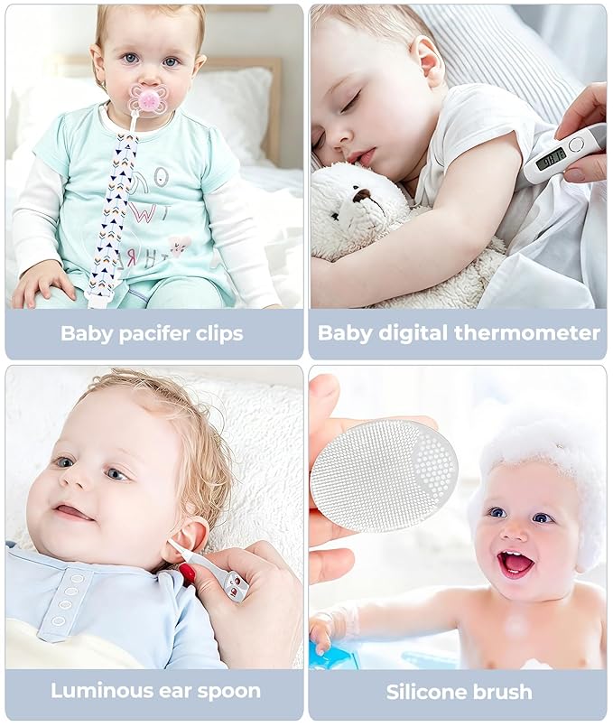 Baby Healthcare and Grooming Kit, Safety Newborn Nursery Baby Care Kit, with Hair Brush Comb, Nail Clipper, Thermometer, Pacifier Clip, Baby Registry Search, Newborn Essentials Girls Boys (Grey)