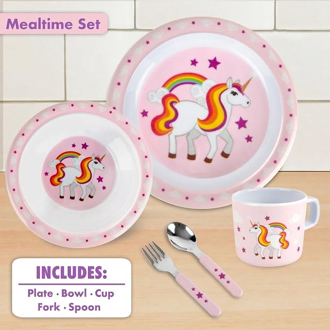 Bentology 5 Pc Mealtime Set for Kids - Unicorn Theme - Includes Raised Edge Plate & Bowl, Cup, Fork & Spoon- Dishwasher Safe, BPA Free- Cute Durable Dish, Easy Self-Feeding- Gift for Toddlers