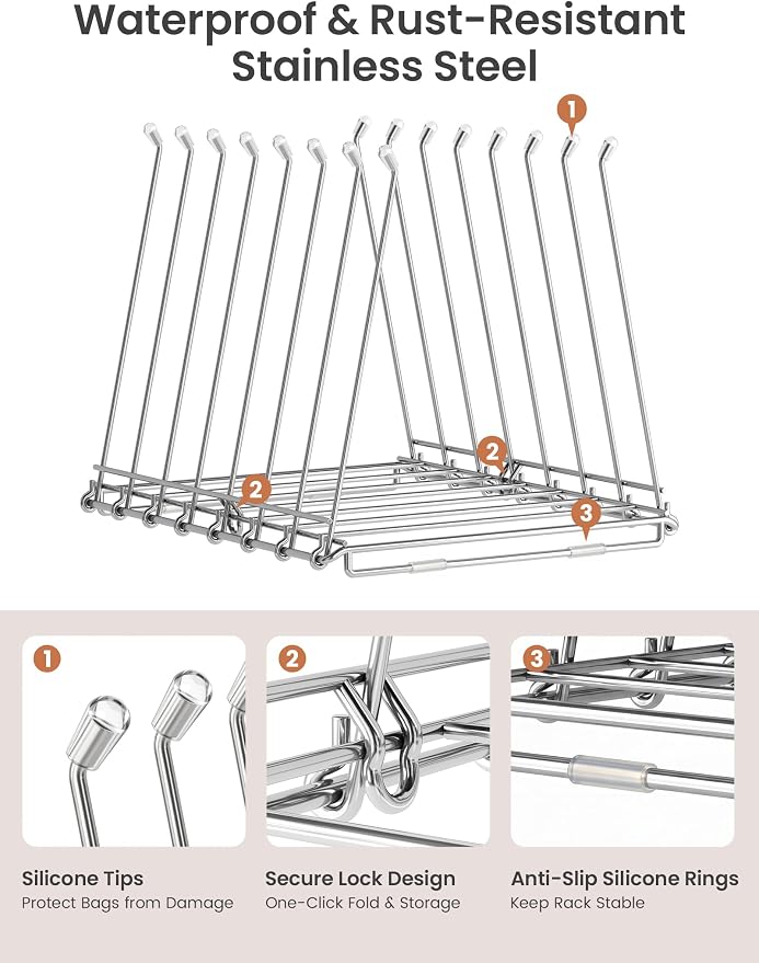 NiHome 2-in-1 Foldable Drying Rack – Stainless Steel Holder for Ziplock Bags, Plastic & Silicone Storage Bags, Cups, Dishes, and Baby Bottles. A Rust-Resistant Kitchen Drying Stand