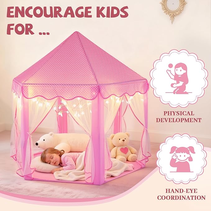 Sumbababy Princess Castle Tent for Girls Fairy Play Tents for Kids Hexagon Playhouse with Fairy Star Lights Toys for Children or Toddlers Indoor or Outdoor Games (Pink)