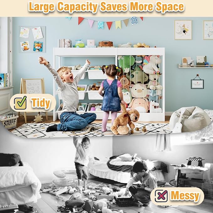 50.6" W Toy Storage, 3-in-1 Large Kids Toy Organizers and Storage with Stuffed Animal Zoo, 6 Removable Plastic Bins, Wooden Toddler Cabinet for Girls Boys Playroom, Nursery, Home Decor(White)