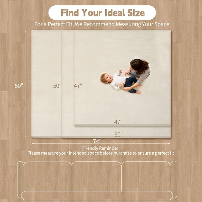 Velvet Baby Play Mat for Floor, 1.3" Thick Elasti-Foam 47"×47" Playpen Mat with Removable & Washable Velvet Cover for Toddler, Infant,Kids, Non-Slip Crawling Mat for Tummy Time (Beige)