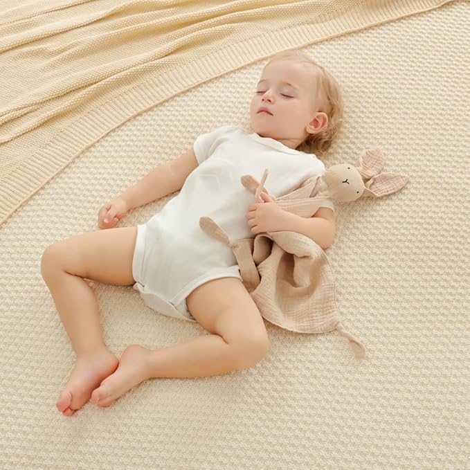 insular Bunny Lovey Blanket for Boys and Girls, Organic Cotton Muslin Security Blanket for Babies, Soft Breathable Lovie Soothing Towel for Newborn and Infant, 2 Pcs Set (Khaki&Pink)