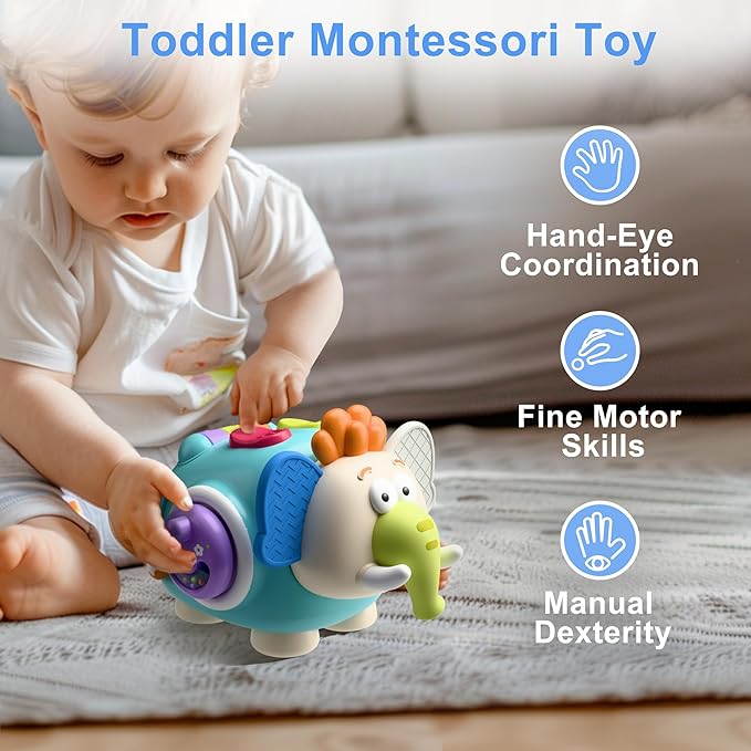 iPlay, iLearn Baby Elephant Activity Cube, Infant Busy Cube Montessori Toy for 1 Year Old, Babies Carseat Plane Travel Toy, Toddler Sensory Development Learning Birthday Gift 6-9-12-18 Months 2 3 Year