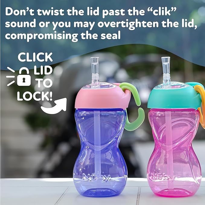 Nuby No-Spill Clik-It Flexi Straw Sippy Cup with Carabiner Clip - (3-Pack) 10 oz - Baby Sippy Cup for 6+ Month Old with Easy Grip - Aqua/Pink/Purple