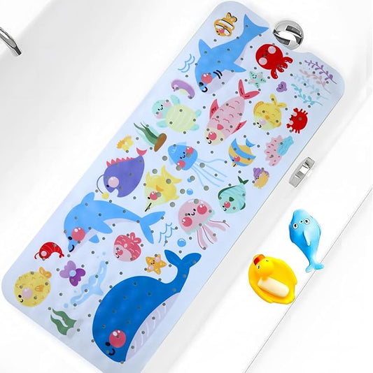 Baby Bath Mat for Tub Non Slip Kids Bathtub Mat Extra Long 40X16 Inch Toddler Bath Tub Shower Mat Anti Slip with Suction Cups & Drain Holes, Machine Washable (Sea Fish)